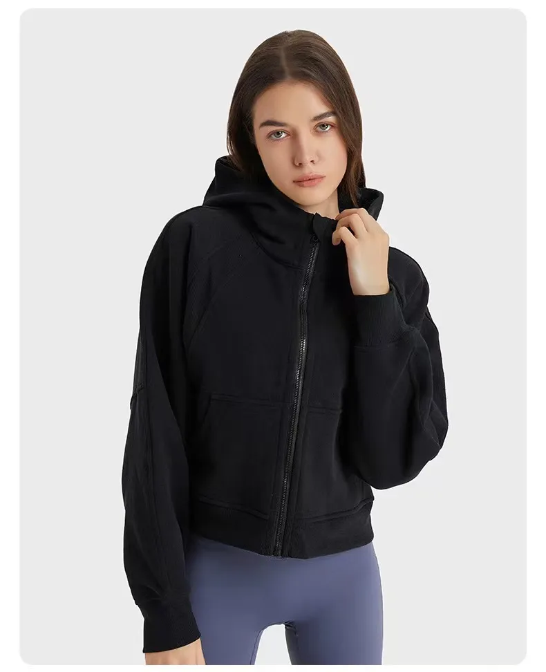 Yeni Kadın Yoga Kıyafetleri Fırçalanmış Tam Zip Hoodie Ceket Spor Kapşonlu Egzersiz Parça Cepler ile Koşu Ceket Açık Fleeces Başparmak Delikleri