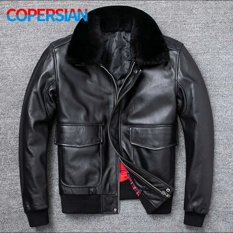 Men's Leather Faux Air Force Flight Jacket Fur Collar Genuine Top Layer Cowhide Men Black Coat Winter 221122