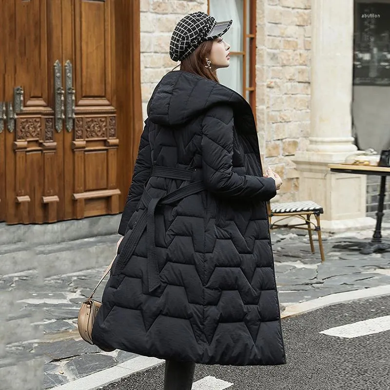 여자 다운 단단한 후드 X-Long 재킷 여성 슬림 파카 여성 겨울 면화 띠 모양의 두꺼운 캐주얼 코트 아웃복