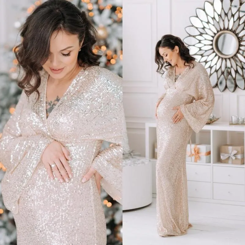 Wraps Champagne Maternity gravida klänningar kvinnor paljetter långa ärmar sexiga fest prom klänningar po shoot v nack baby shower