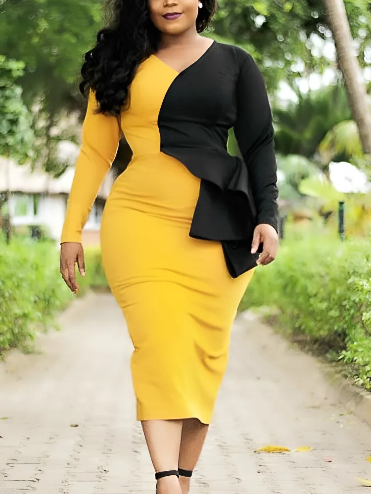 Save Big on Bulk Long Sleeve Midi Party Dresses Elegant Yellow Black  Peplum Midi Dress Long Sleeve V Neck, Stretchy, Cocktail Party, Fall 2024,  4XL - Main Image
