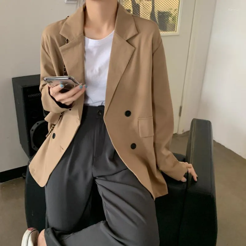 Kvinnors kostymer Casual Women's Blazer Löst fast färg Khaki Black Jacka Korean Cardigan Long Sleeves Coat Office Top Suit Kvinna