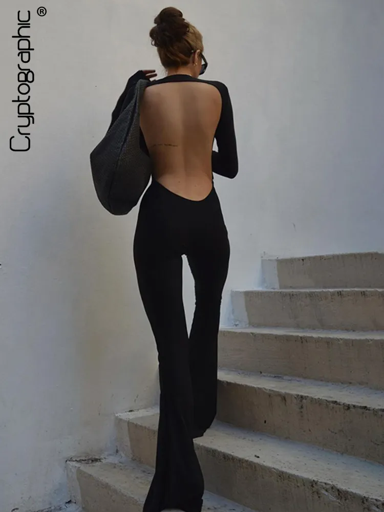 Combinaisons pour femmes Barboteuses Cryptographic Black Sexy Backless pour les femmes Casual Flare Pants Club Party Outfits Vêtements généraux 221122