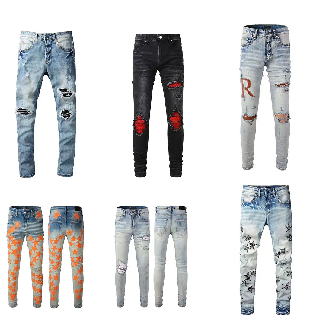 2022 designer boy jeans fitted jean hip-hop fashion zipper hole wash white jean pants retro torn stitching design motorcycle ridin278R