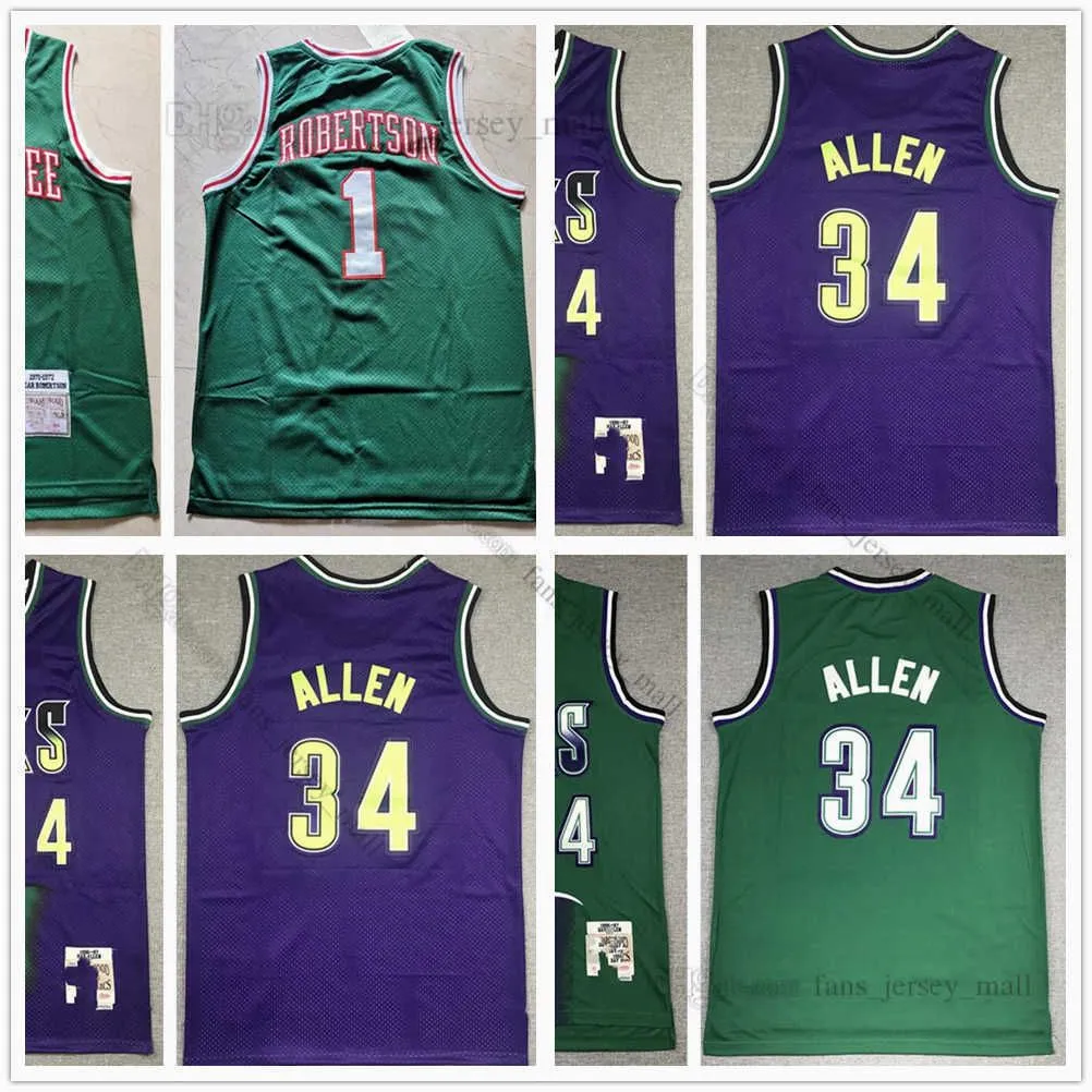 Jersey Basketball''nba''Retro Mitchell Ness Jersey Basketball Oscar 1 Robertson Ray 34 Allen zszyty zielony fiolet1996-97 1971-72