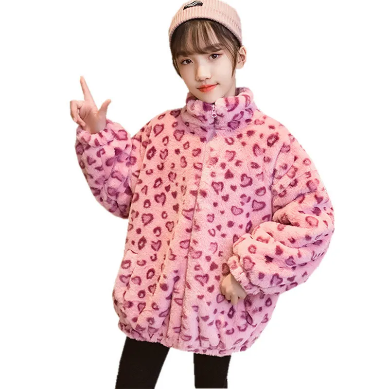 Abrigo Chidlren Invierno Leopardo de lana de lana de lana de lana de color caqui color rosa grueso espeso para exteriores para niños para niños 6 8 10 12 14y 221122