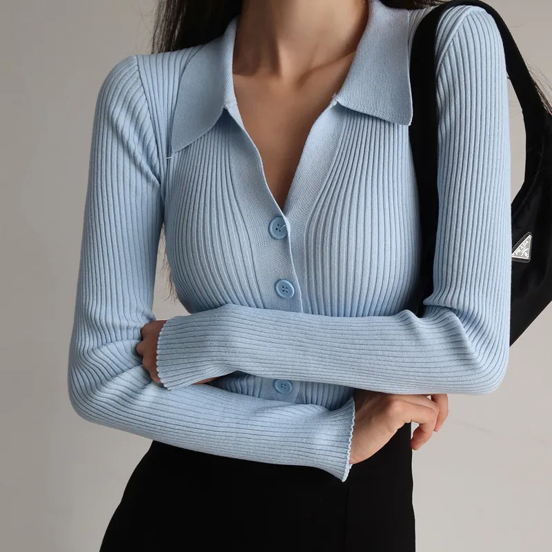 Women's Knits Tees Women Sexy V Neck Long Sleeve Turndown Knitted Cardigan Sweater Autumn Lapel Slim Slimming Tops Ladies Hollow Buttons 221123