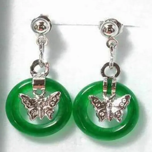 Beautiful Lovely lady's butterfly green jade circle stud earrings