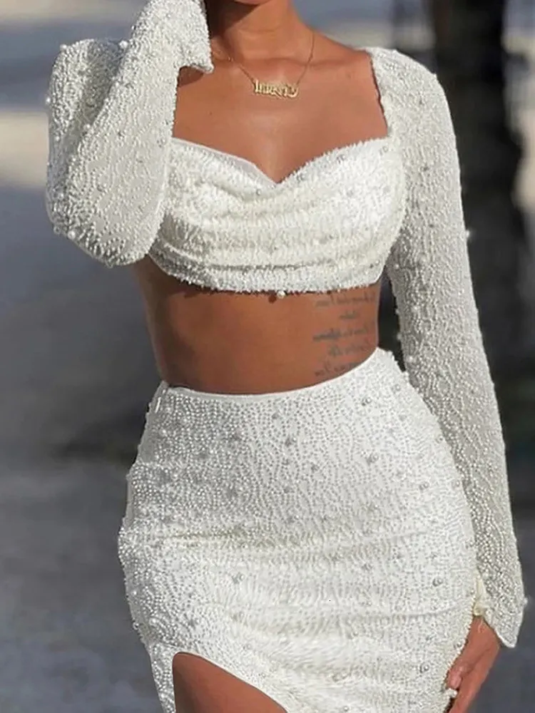 Viifaa Beaded Two Piece Dress Urbanic Set Long Sleeve Crop Top And Mini Skirt For Women Sexy