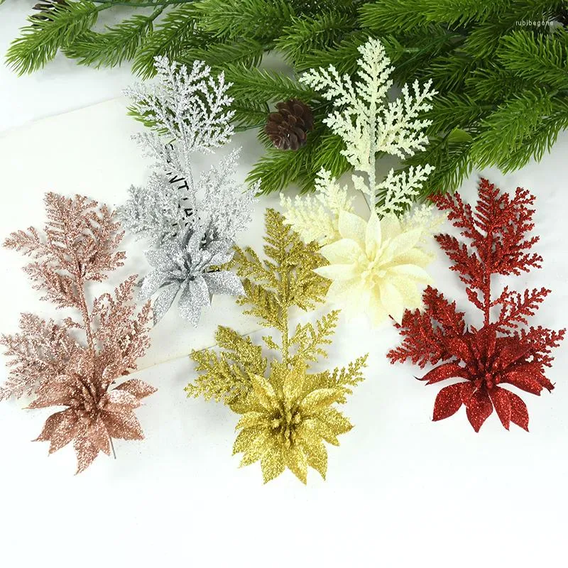 Decorative Flowers 1/2pcs Artificial Christmas Glitter Poinsettia Flower Pine Branches Leaves Xmas Tree Wreaths Ornaments Home Decoration