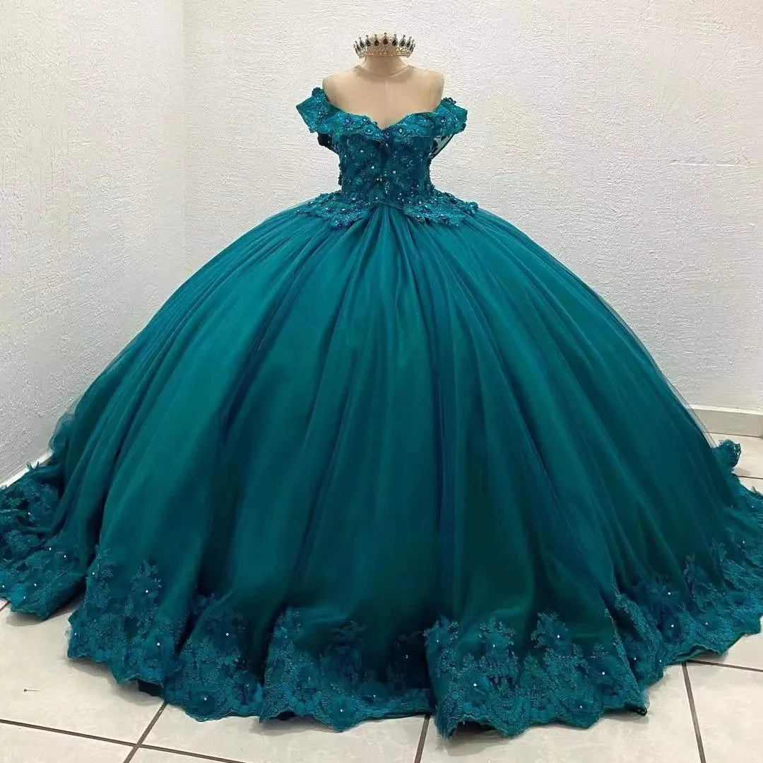 Hunter Green Princess Quinceanera kl￤nningar applikationer ￤lskling bollkl￤nning formell parti prom kl￤nning vestidos de 15 anos