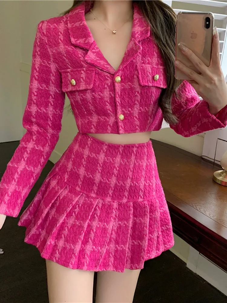 Vestido de duas peças 2 conjuntos Mulheres xadrez rosa rosa Tweed Blazer de Tweed High Selted Mini Skirs Snais Suits Ladies Fashion Matching Conjunto 221122