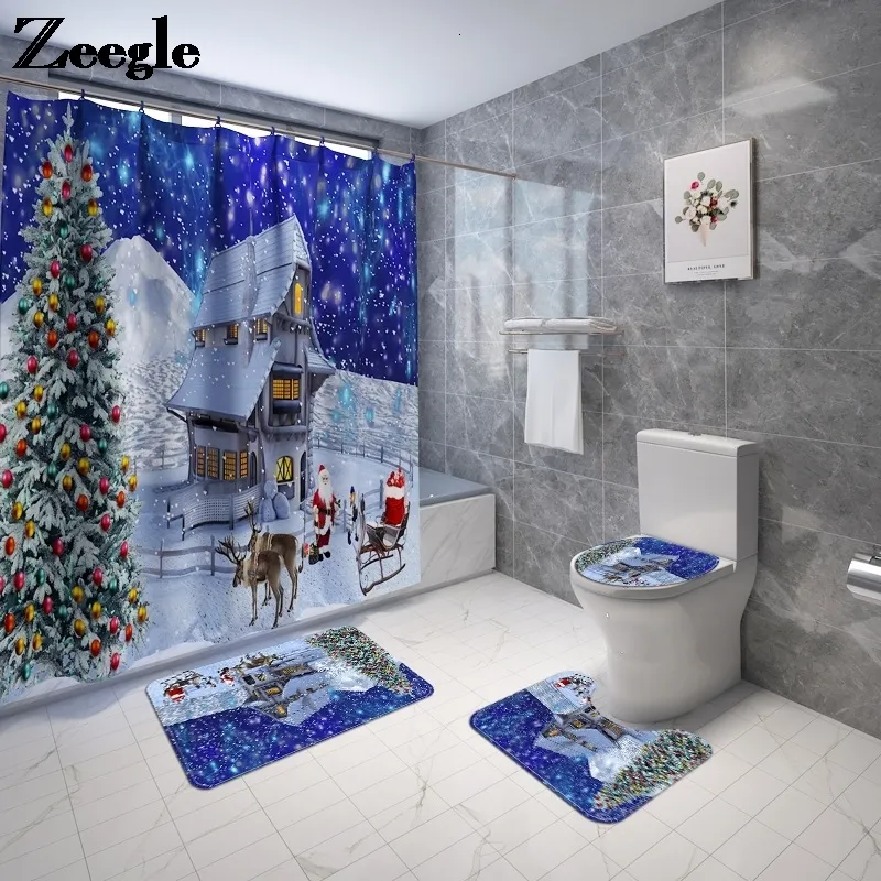 Christmas Bath Mat and Shower Curtain Set Non-slip Bathroom Floor Carpet Toilet Seat Cover Mat Europe Style Bathroom Mat Set