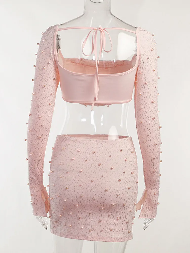 Viifaa Beaded Two Piece Dress Urbanic Set Long Sleeve Crop Top And Mini Skirt For Women Sexy