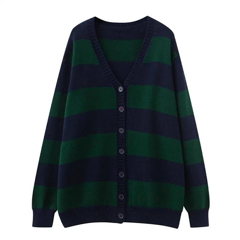 Women's Knits Tees PUWD Vintage Women V Neck Stripe Knitted Cardigan Autumn Fashion Ladies Loose Cotton Sweaters Girls Chic Knitwear Tops 221123