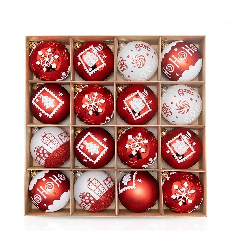 Dekoracje świąteczne 16PCS Zestaw świątecznych piłek 8 cm ręcznie malowane plastikowe okrągłe bombki ozdoby drzewa ozdobne Adornos Navidad Extive Party Materpies 221123