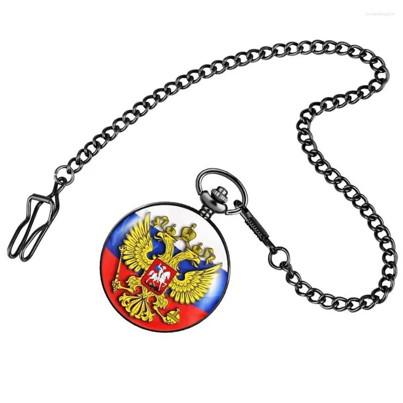 Pocket Watches Russian Flag Double Head Eagle Printed Quartz Watch Vintage Black Pendant Fob Chain Antique Timepiece Gift