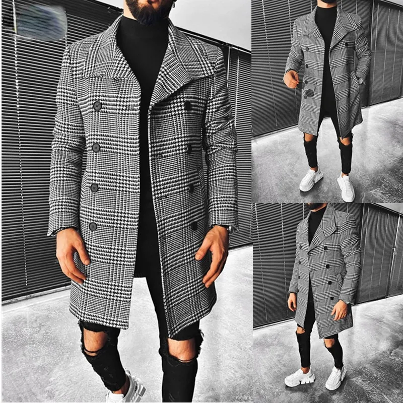 Herren Wollmischungen Mode Mantel Herbst Winter Plaid Zweireiher Revers Mittellang Chic 221123