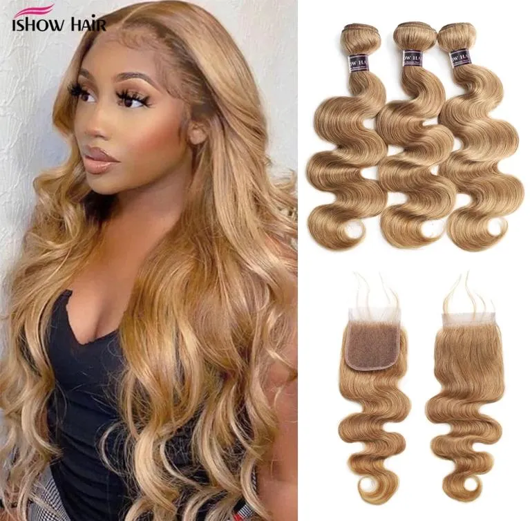 Ishow Ombre Color Hair Weaves Weft Extensions 3 Bundles with Lace Closure T1B27 T1B99J Body Wave Human Hair Straight Brown Ginge8465005