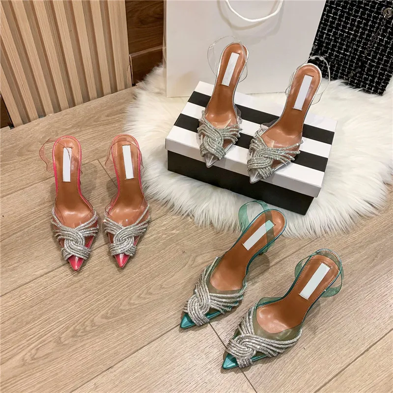 Kristall Diamant Kette Frau Kleid Schuhe Pumps PVC Sommer Schuhe High Heels Party Prom Sandalen Größe 35-41