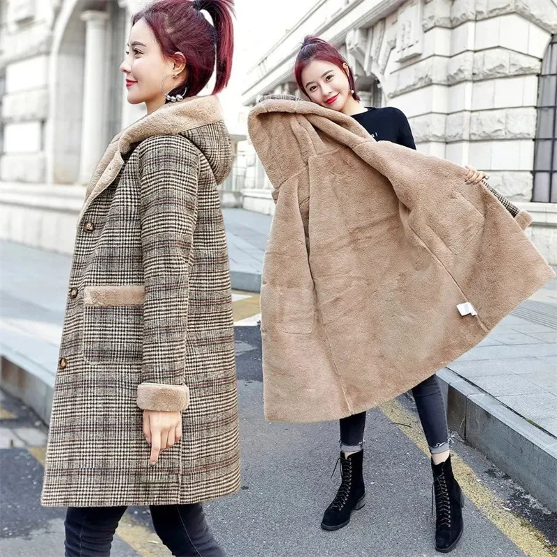 Women s Plaid Wool Blend Warm Mid Length Hooded Coat with Thick Velvet Lining 2024 Winter Jacket Faux Fur