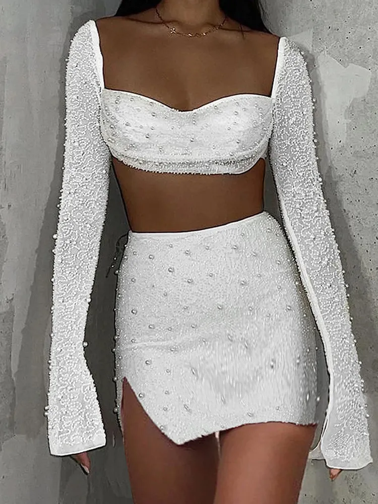 Viifaa Beaded Two Piece Dress Urbanic Set Long Sleeve Crop Top And Mini Skirt For Women Sexy