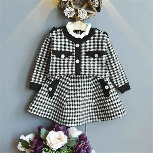 2023 Sprint New Girls' Set Autumn and Winter Kids' Western Sweater Knitted Plaid Skirt with Ear Collar Fashion Temperament Girls Children's Two Piece Skirt Suit