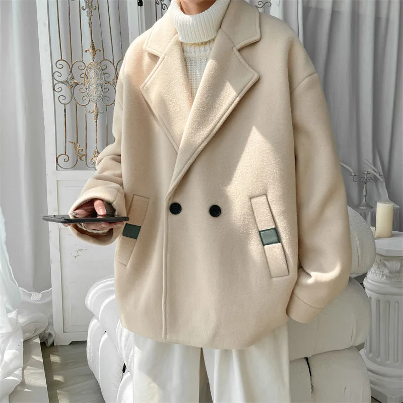 Hombres mezclas invierno beige negro abrigo de lana caliente moda casual chaqueta de doble botonadura s coreano suelto corto 221123