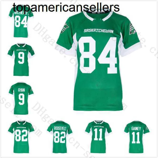 2019 Novo Green Saskatchewan Roughriders Jerseys de futebol personalizado Homens homens jovens costurados 84 Arceneaux 9 Ryan 82 Roosevelt 2 Johnson