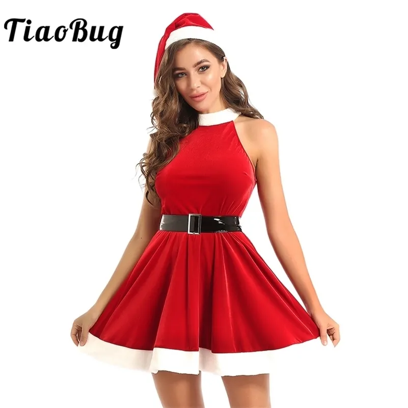 Thema Kostüm TiaoBug Frauen Weihnachten Rot Weiches Samt Kleid mit Hut und Gürtel Set Erwachsene Cosplay Xmas Party Festival Rave Santa 221124