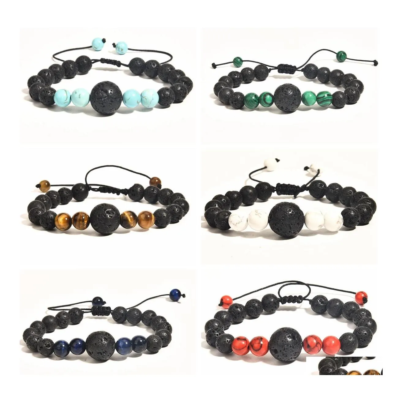 Bracciali con perline regolabili con perline Mens Lava Rock Stone Beaded Strand Anxiety Bracciale vulcanico con olio essenziale Set Drop Delivery Jewelr Dhet5