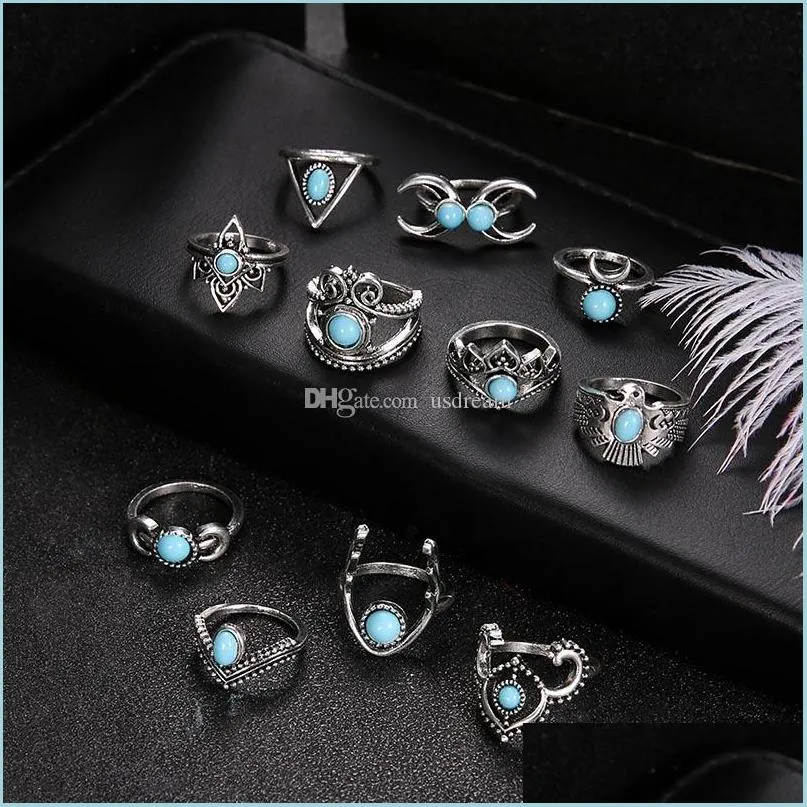 Cluster Ringe Türkis Knuckle Ring Set Antike Sier Krone Mond Eule Tropfen Stapelringe Midi Frauen Modeschmuck Lieferung Dhbxr