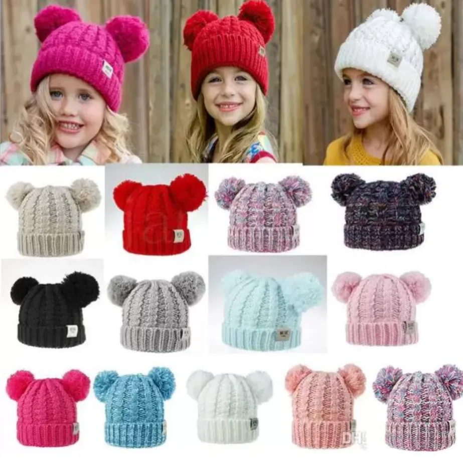 UPS Kid Tricot Crochet Bonnets Chapeau Filles Doux Double Boules Hiver Chaud Chapeau 13 Couleurs En Plein Air Bébé Pompon Ski Caps xcaweFY3537 B1124