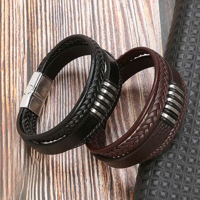 Svart flerskiktsläder läder wrap armband armband manschett manschett metall lås armband för kvinnor mode smycken