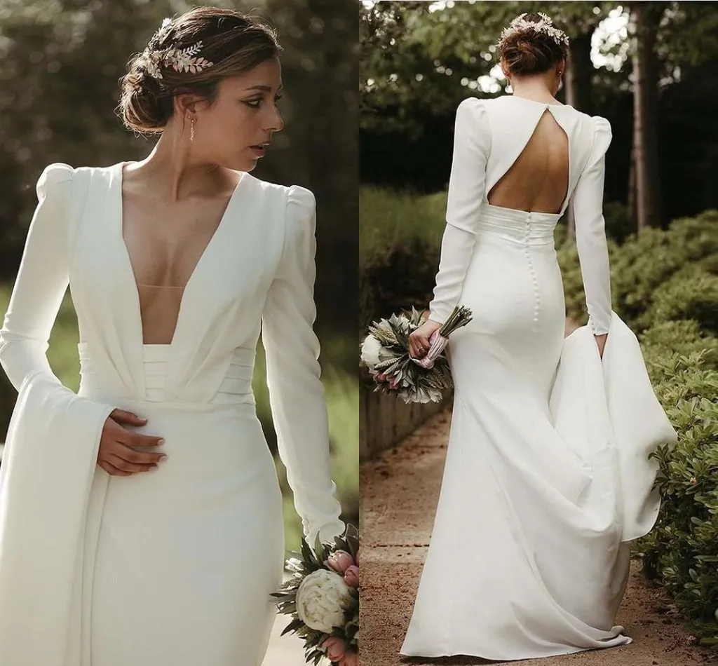 Modest Crepe boho Mermaid Wedding Dresses Satin Long Sleeve Bridal Gowns Ruched Sweep Train Country Garden Mariage