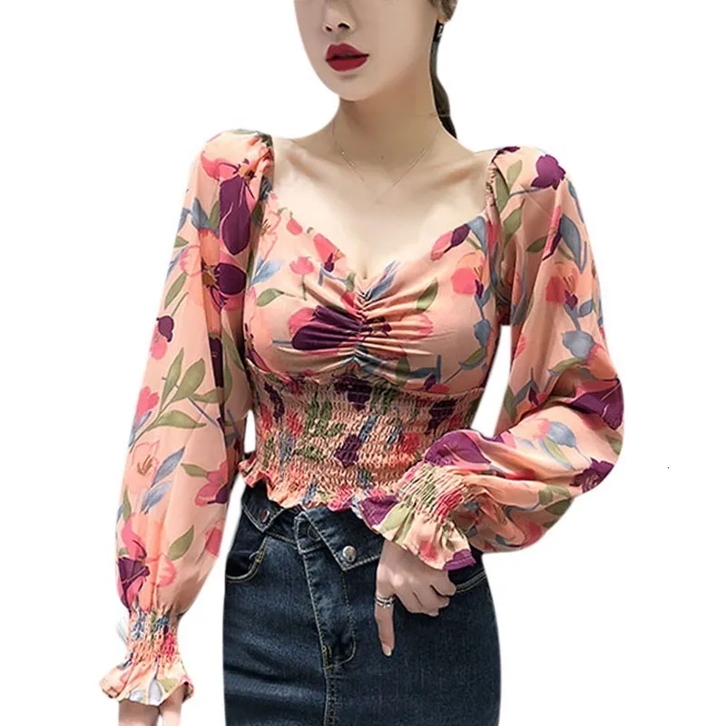 Womens TShirt Liva Girl Women Blouse Square Collar Shirt Printed Chiffon Top Strapless Short Slim Slimming Long Sleeves Camiseta Vetements 221124