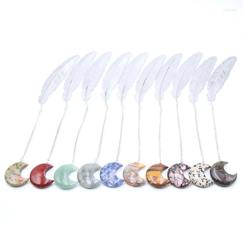 Hanger kettingen 6pcs natuurlijke maan kristal veer charms bookmark Clear Quartz edelsteen creatieve pagina houder briefpapier decor cadeau