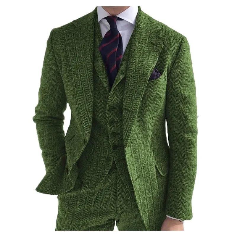 Trajes para hombres Blazers para hombre 3 piezas Lana verde Tweed Herringbone Business Retro Classic PatternTuxedos para boda Blazer Pantalones Chaleco 221124