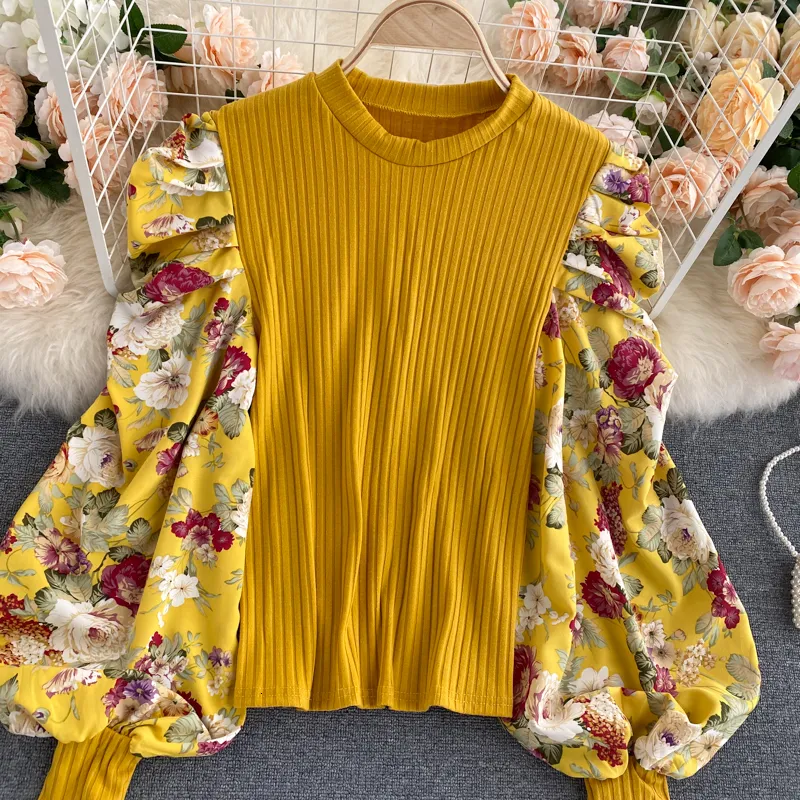 Kvinnors tshirt Autumn Spring Girls Oneck Tshirts Tees Female Patched Print Chiffon Full Puff Hleeve Sweet Tshirt Tops For Slim Women 221124