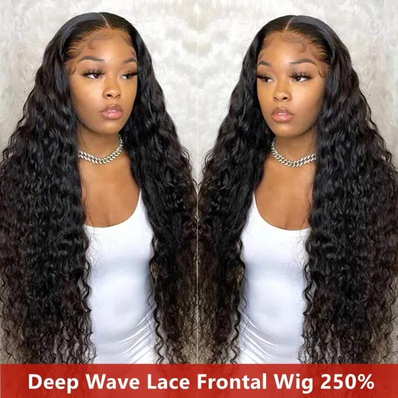 13x4 Deep Wave Frontal Wig HD Lace Front Human Hair Wigs For Women Curly Brazilian Wet And Wavy 30 36 Inch