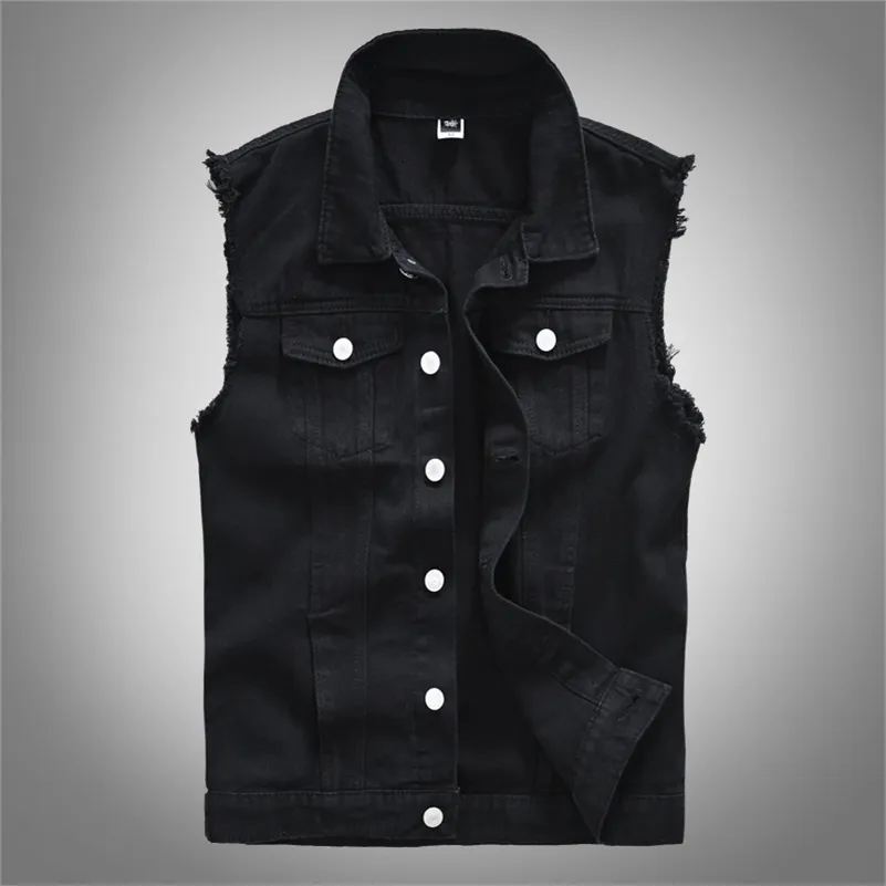 Gilet da uomo Moda Casual Giacca di jeans senza maniche con cappuccio nero Street Punk Style Opzioni di dimensioni multiple M-6XL 221124