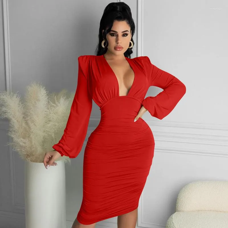 Casual Kleider EWSFV 2022 Herbst Winter Kleid V bekommt Sex Appeal Langarm Reine Farbe Wraps Gesäß Rock Schlank