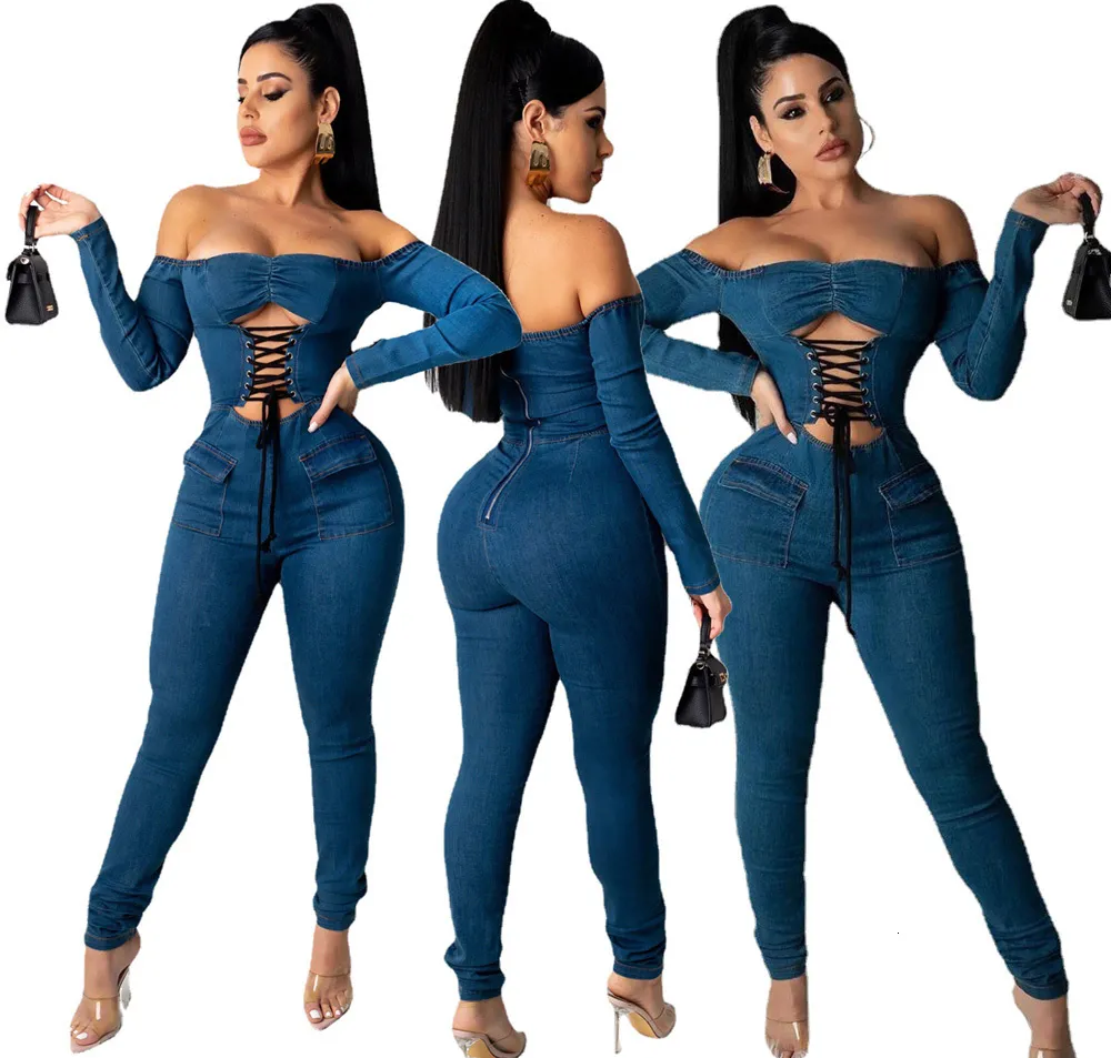 Kvinnor Jumpsuits Rompers Sexiga kvinnor Slash Neck Long Sleeve Bodycon Jeans Casual Jumpsuit Lace Up Denim Pencil Overalls 221123