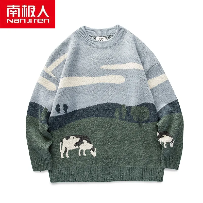 Men's Sweaters Nanjiren men Clothing Breathable Pullovers Warm Daily Casual O-neck Animal Print Long Sleeves Cotton Thin Sweater 221124