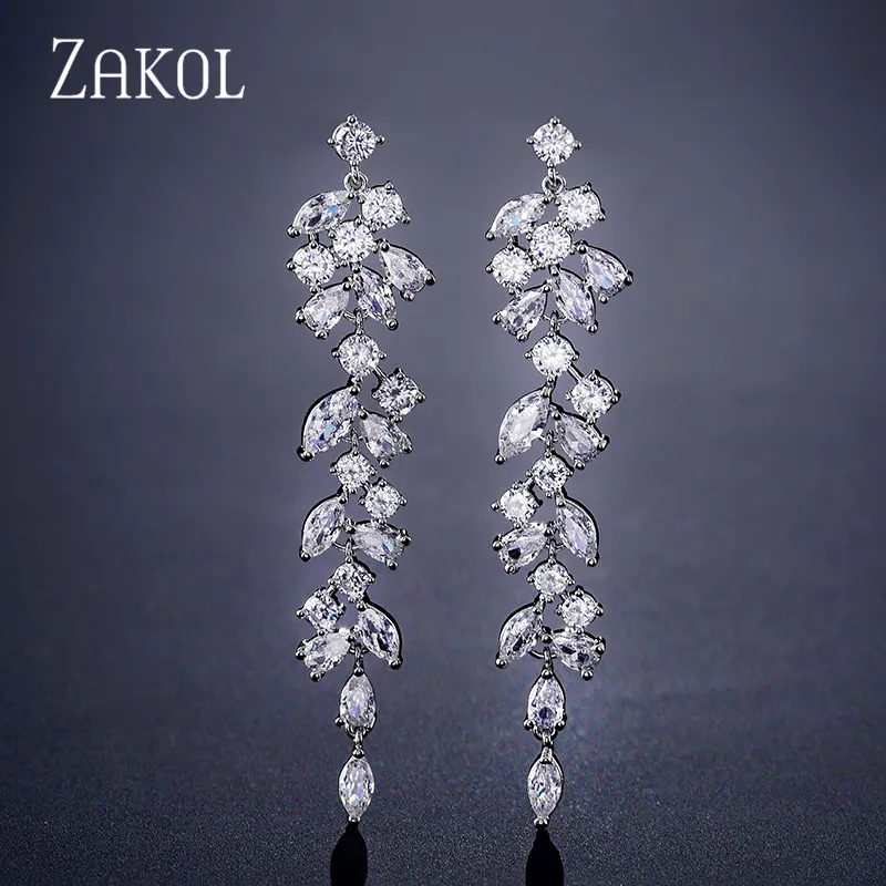 Fashion Cubic Zirconia Leaf Dangle Drop Earrings for Elegant Women CZ Crystal Long Tassel Bridal Wedding Jewelry