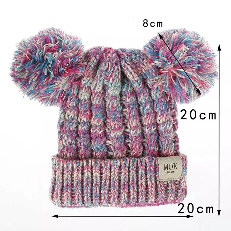 Kids Winter Crochet Beanie Soft Knit Hat With Double Pompoms, Warm