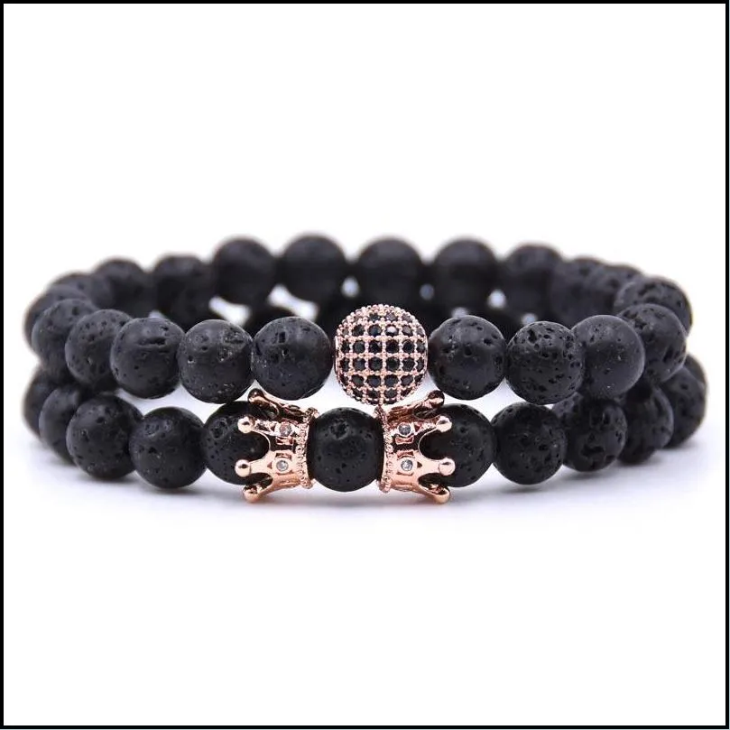 Perlen 10 Teil/satz Natürliche 8 Mm Krone Vulkan Stein Cz Runde Armband Sets Geschenke Für Männer Frauen Handgemachte Yoga Schmuck Drop Liefern Dhgarden Dhqfp