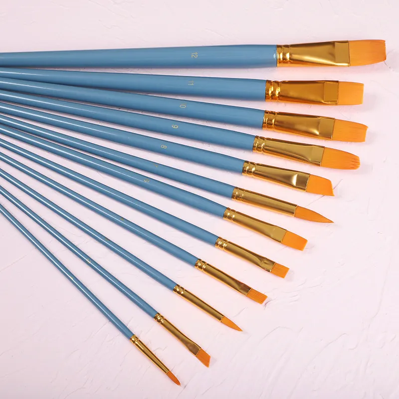 Rifornimenti di arte Set di pennelli per capelli in nylon da 12 pezzi con manico in legno blu Puntale in alluminio per pennelli per pittura a olio Contattaci per l'acquisto