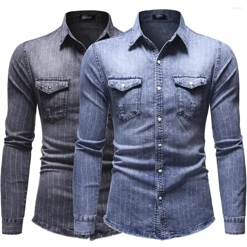 Camicie casual da uomo Moda da uomo Tempo libero Personalità di marca Affari Camicia di jeans a maniche lunghe da uomo a maniche lunghe a righe creative