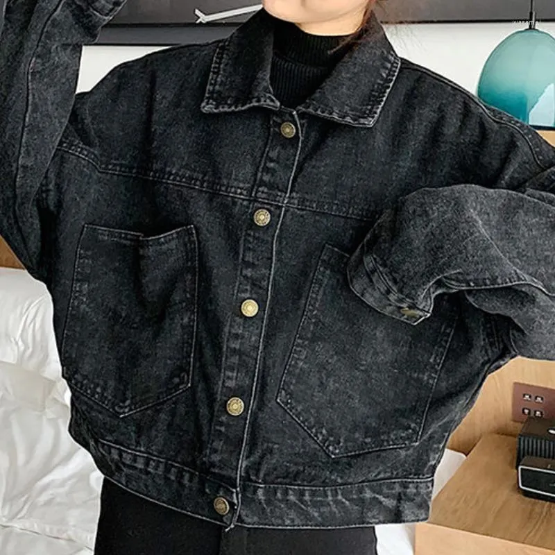 Kvinnors jackor denim kvinnor korta rockar överdimensionerade singelbröstknappfickor toppar koreansk stil chic retro harajuku casual streetwear